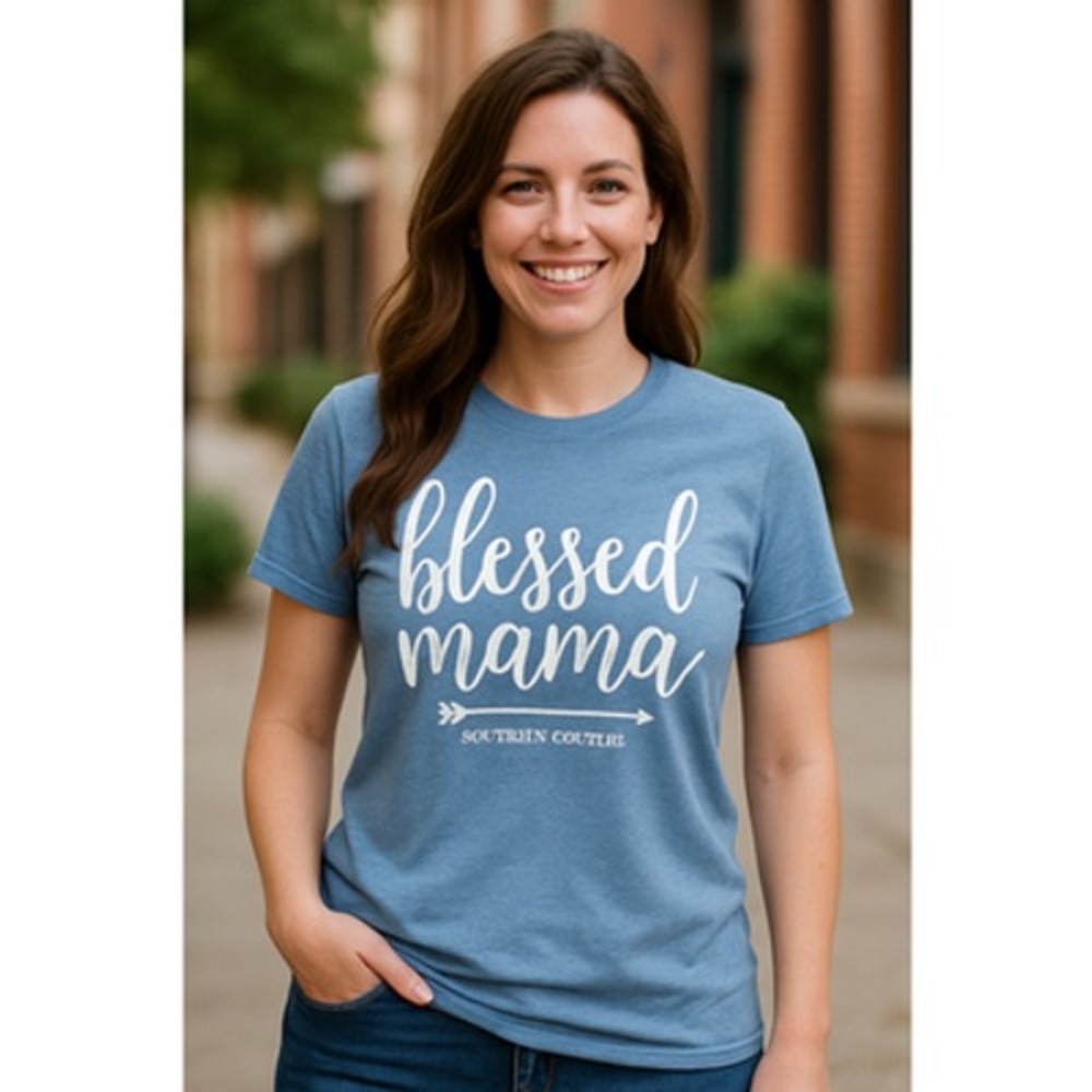 GILDAN "Blessed Mama" Graphic Tee – XL Women's T-Shirt in Soft Heather Blue